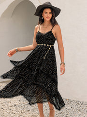 Lace Detail Layered Printed Midi Cami Dress Black OutfitFlow