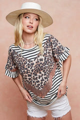 BiBi Stripe Rayon Span Knit Color Block Top With Leopard OutfitFlow