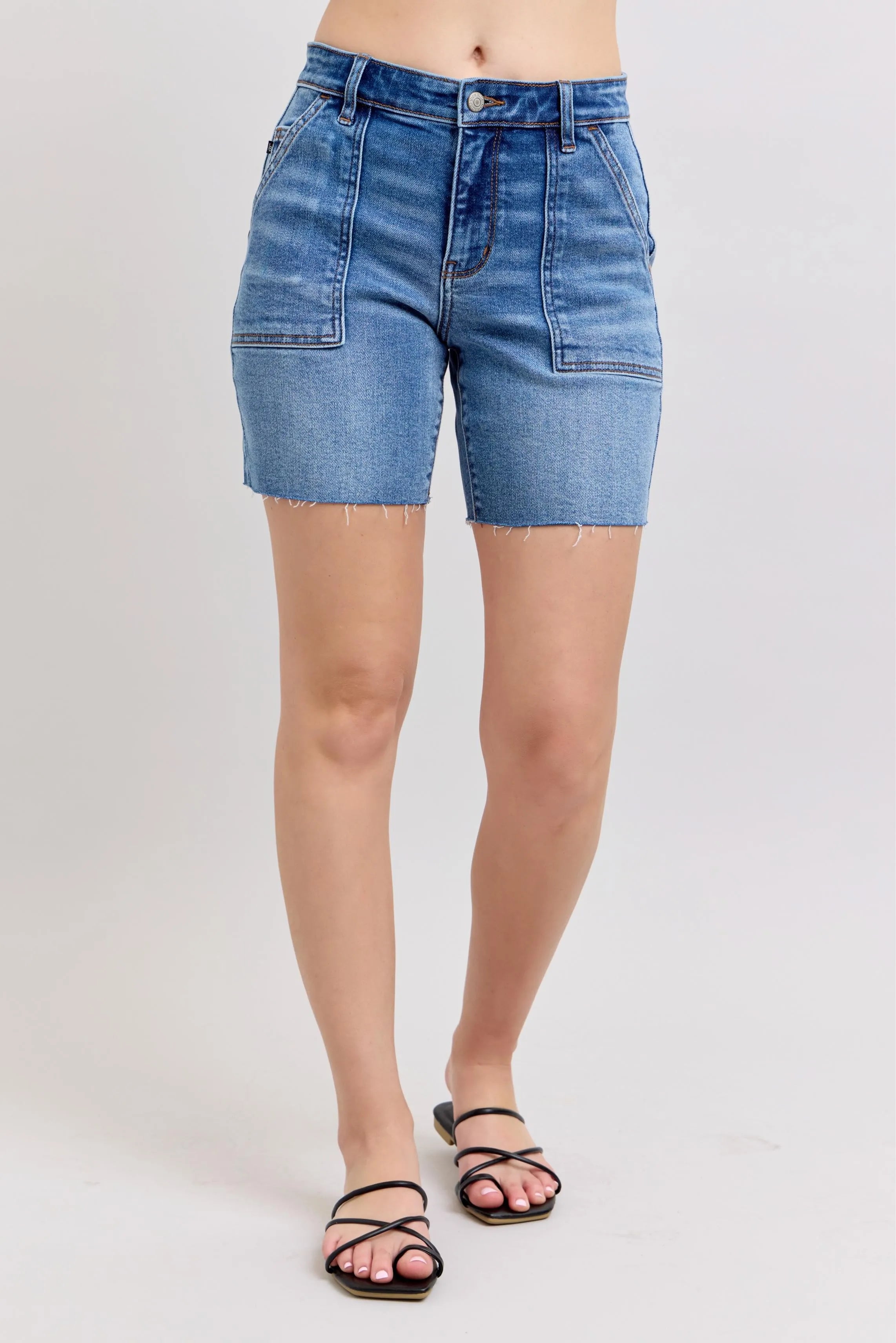 Judy Blue Full Size Mid Rise Bermudas Denim Shorts W/ Back Flap Pockets Plus Size OutfitFlow