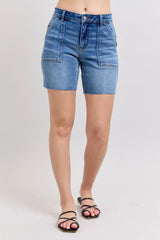 Judy Blue Full Size Mid Rise Bermudas Denim Shorts W/ Back Flap Pockets Plus Size OutfitFlow