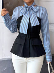 Striped Long Sleeve Blouse with Bow Tie OutfitFlow