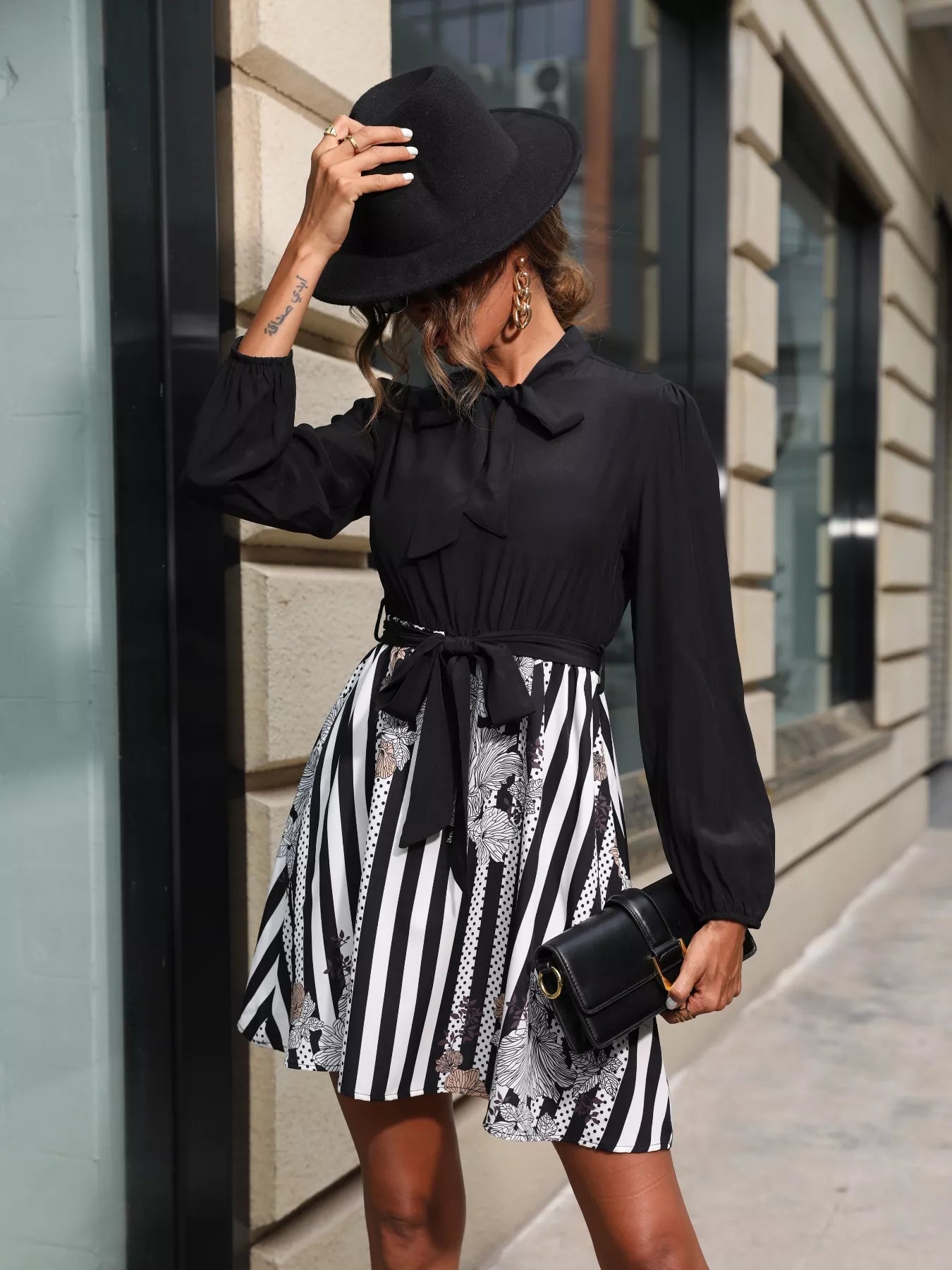 Striped Tie Front Long Sleeve Mini Dress OutfitFlow