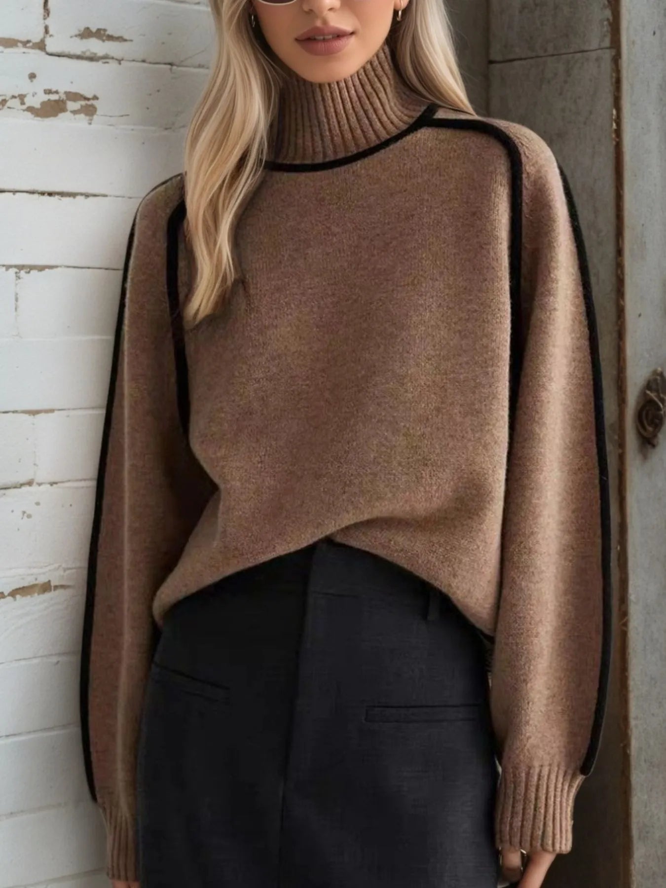 Contrast Trim Turtleneck Sweater Brown OutfitFlow