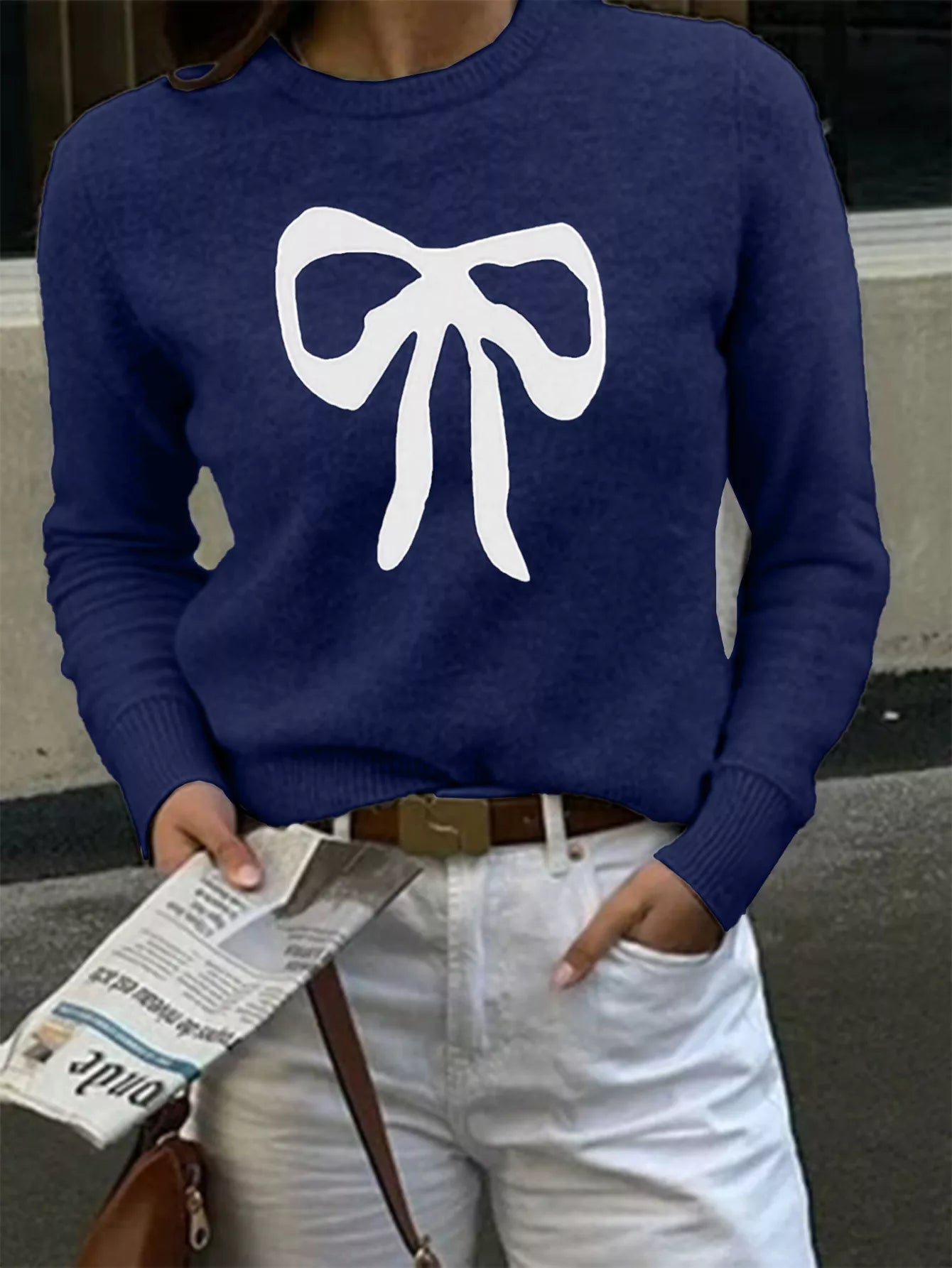 Bow Round Neck Knit Top Dark Blue OutfitFlow