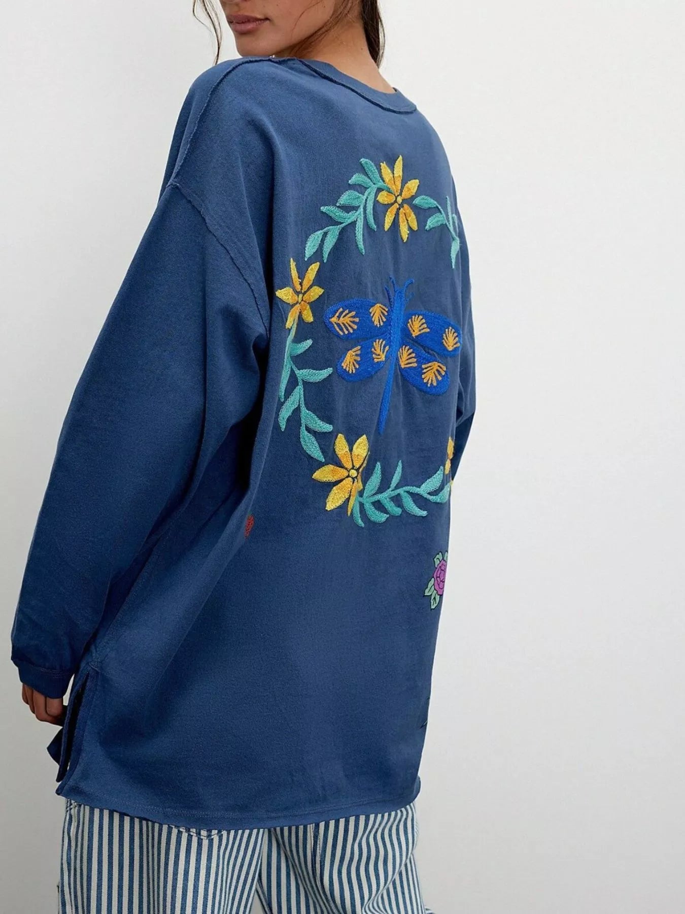 Embroidered Crew Neck Long Sleeve Sweatshirt OutfitFlow