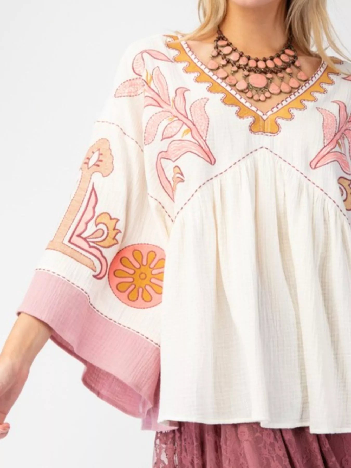 Printed V-Neck Top with Contrast Trim Details OutfitFlow