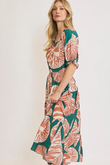 Umgee Full Size Printed Notched Puff Sleeve Midi Dress Plus Size OutfitFlow