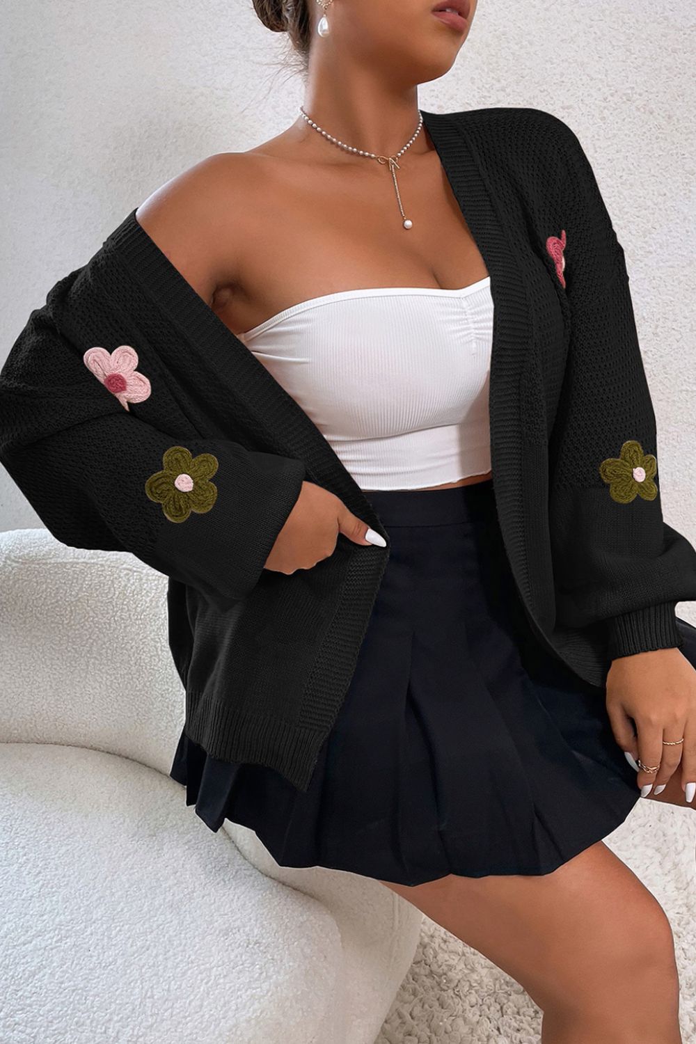 Outfit Flow - Floral Applique Drop Shoulder Open Front Cardigan