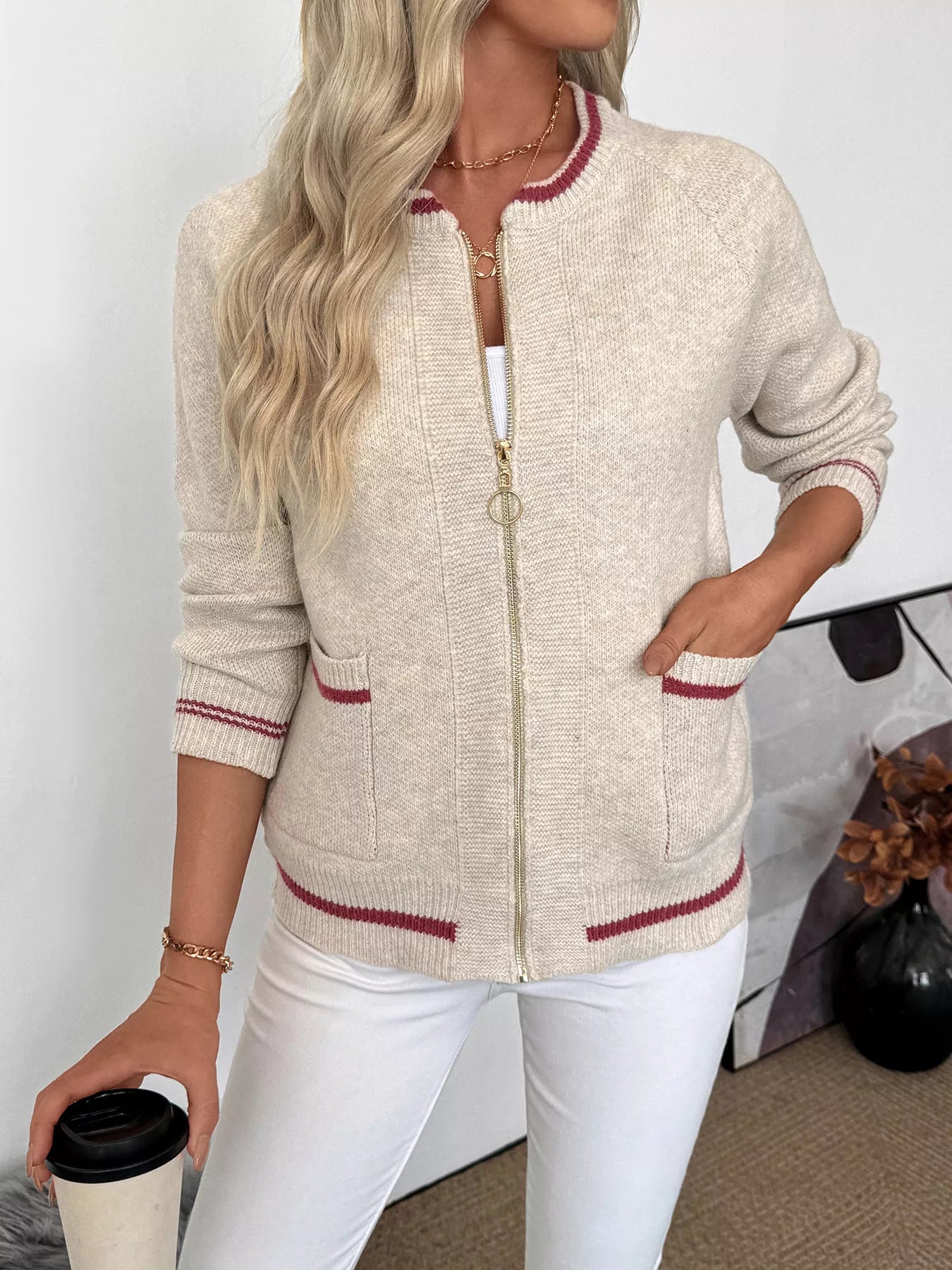 Zip Up Contrast Trim Cardigan OutfitFlow