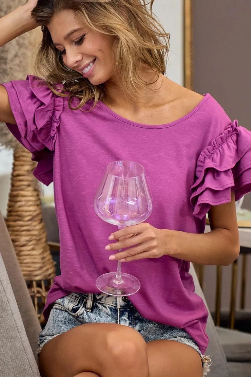 BiBi Layered Ruffle Sleeve Jersey Top VIOLET OutfitFlow