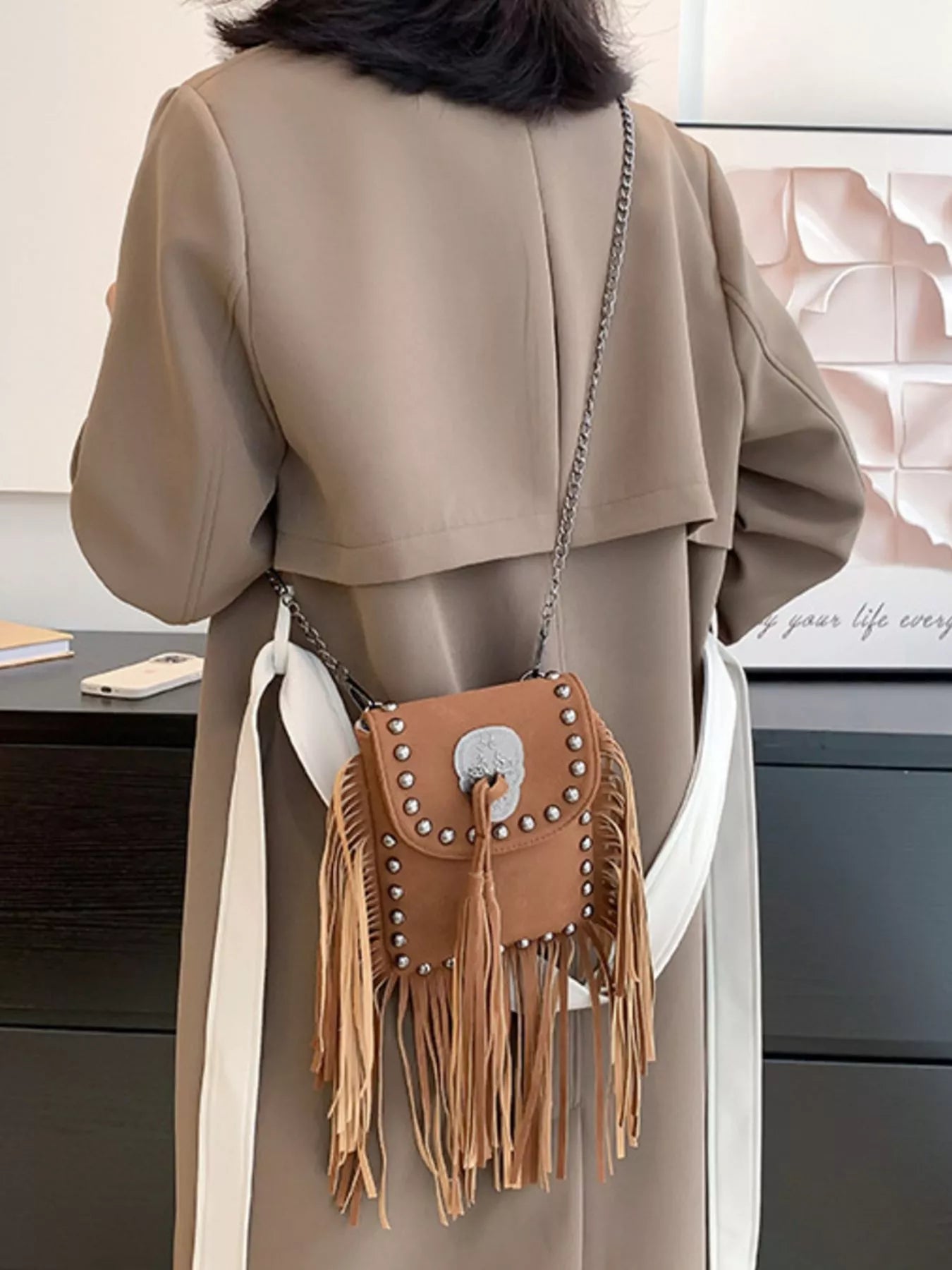 Fringe Rivet Decor Crossbody Bag OutfitFlow