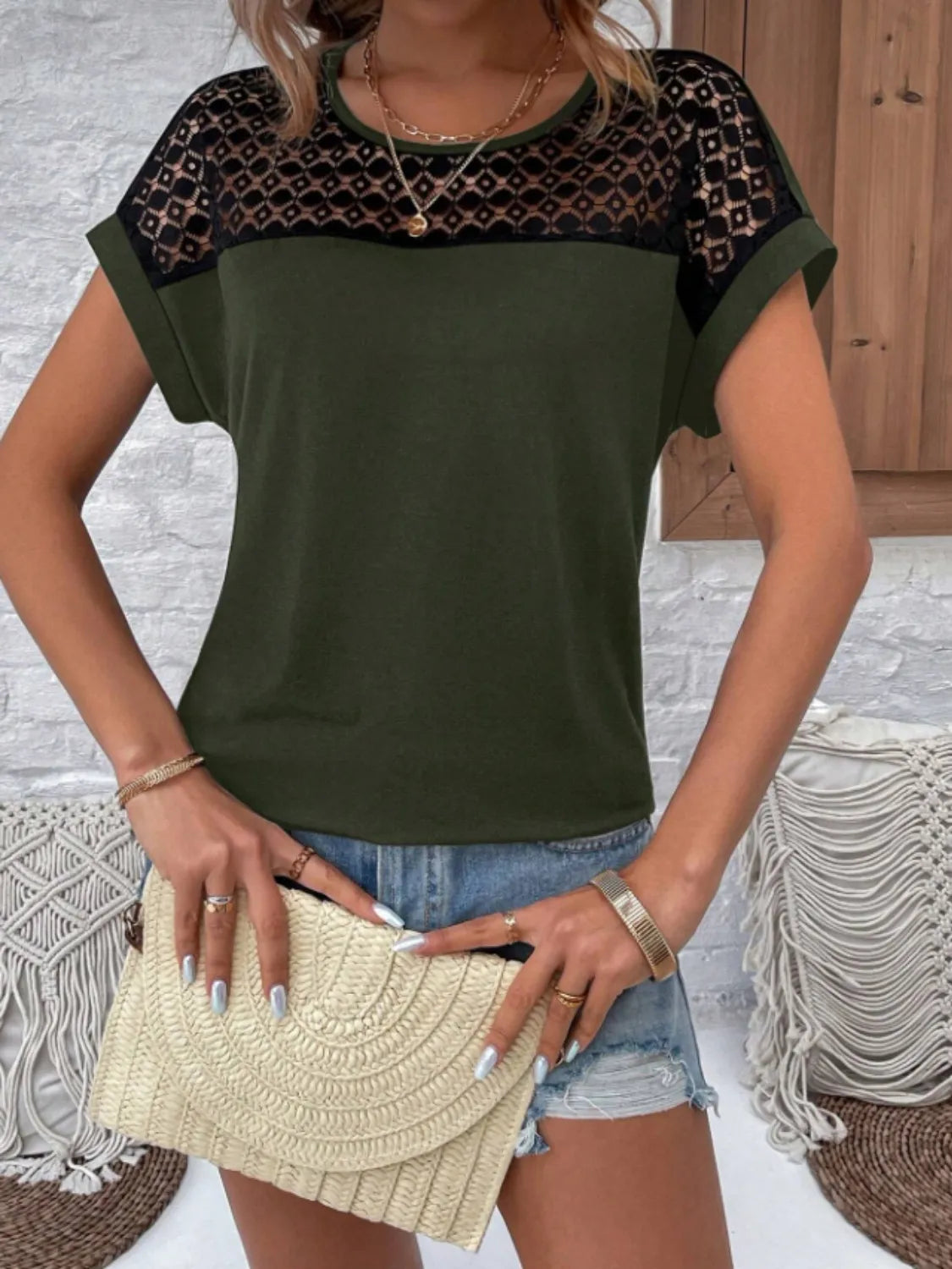Lace Round Neck Short Sleeve T-Shirt OutfitFlow