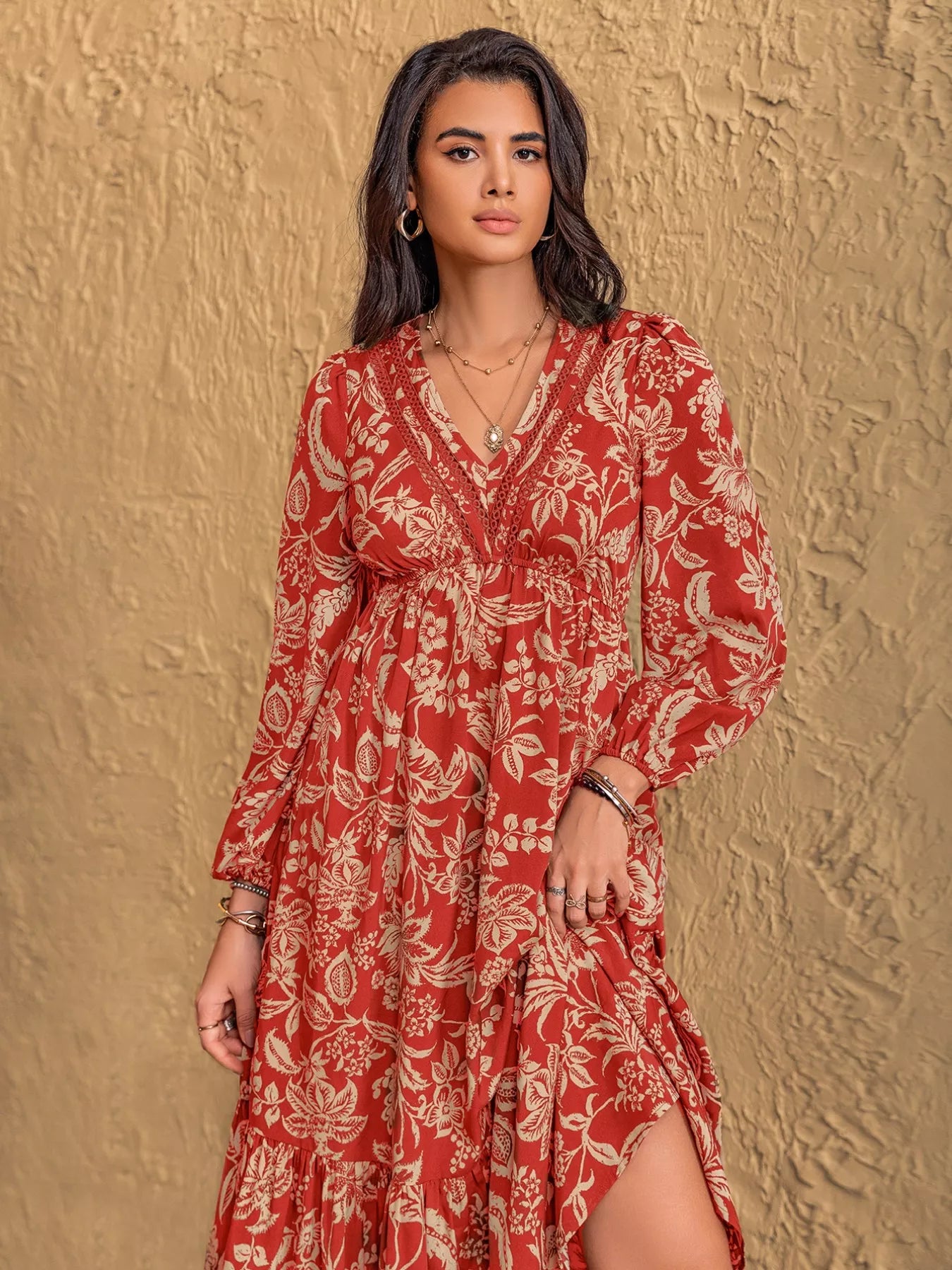 Boho Floral Print Long Sleeve Midi Dress OutfitFlow