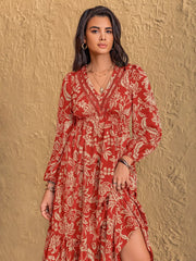 Boho Floral Print Long Sleeve Midi Dress OutfitFlow