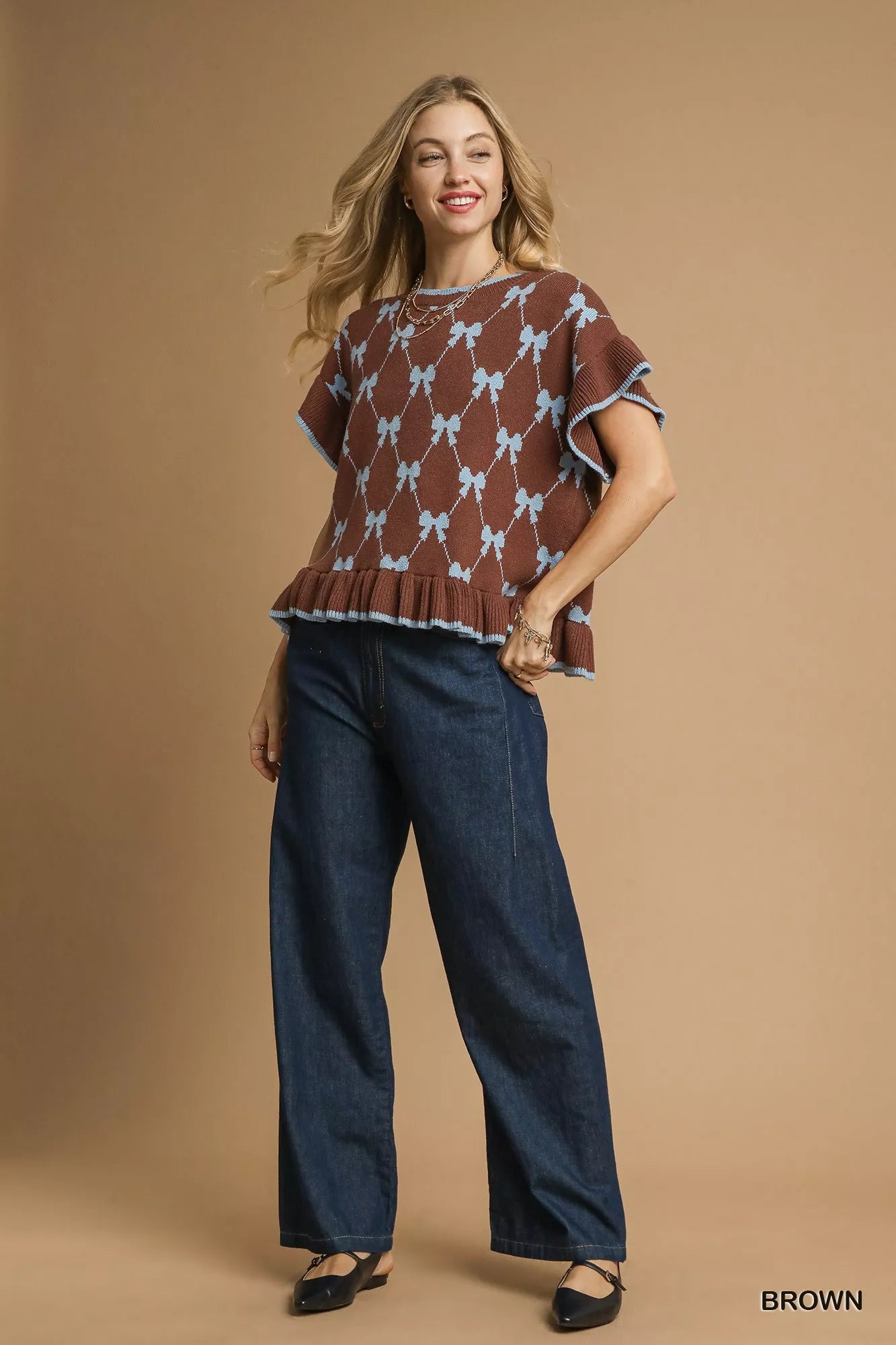 Umgee Bow Knit Ruffle Sleeve Sweater OutfitFlow