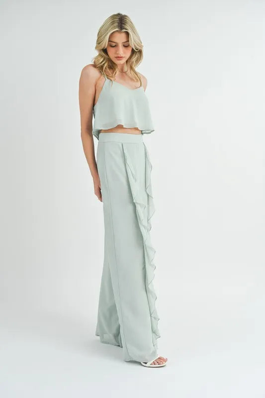 MABLE Crop Cami and Ruffled Wide Leg Pants Set OutfitFlow