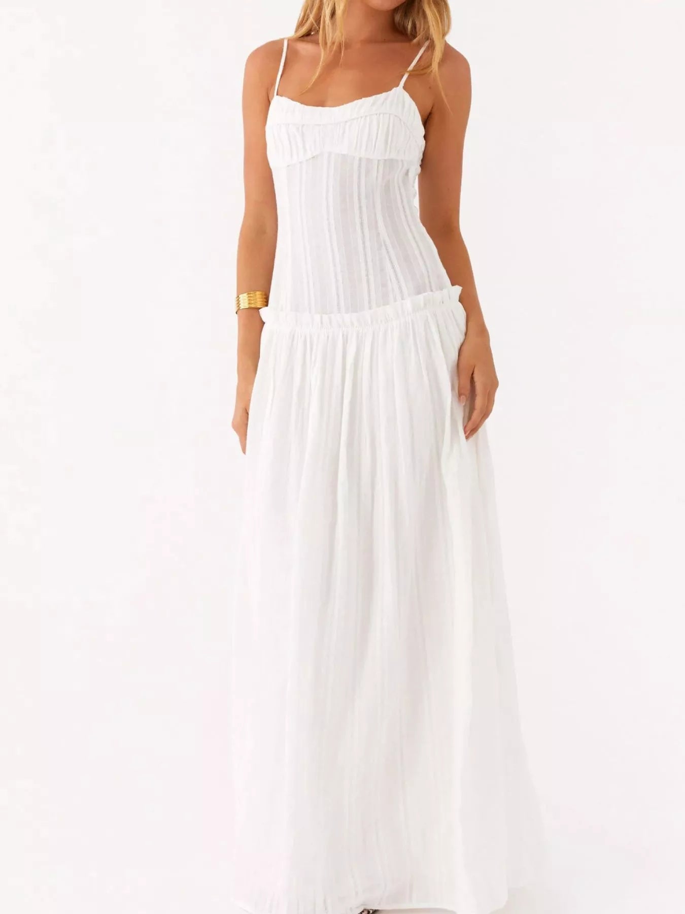 Frill Spaghetti Strap Maxi Dress White OutfitFlow