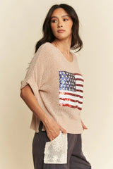 Davi & Dani Sequin American Flag Patch Short Sleeve Knit Top OutfitFlow