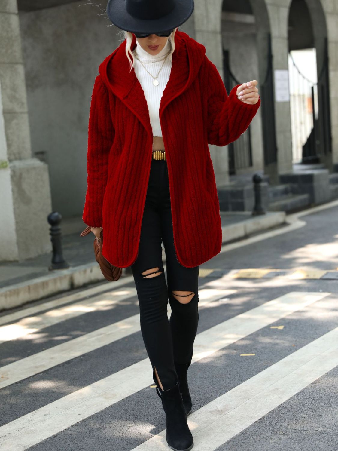 Open Front Ribbed Hooded Coat Trendsi