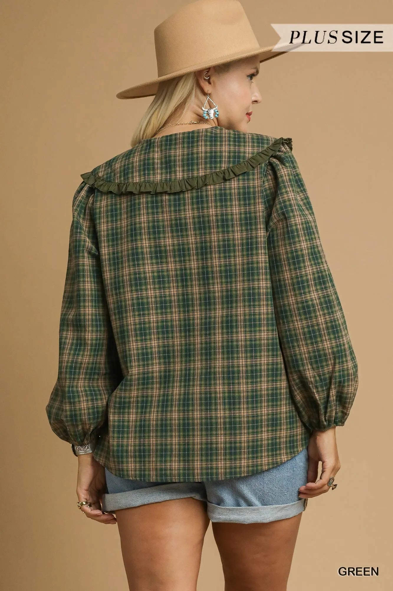 Umgee Full Size Plaid Ruffle Collar Blouse Plus Size Trendsi