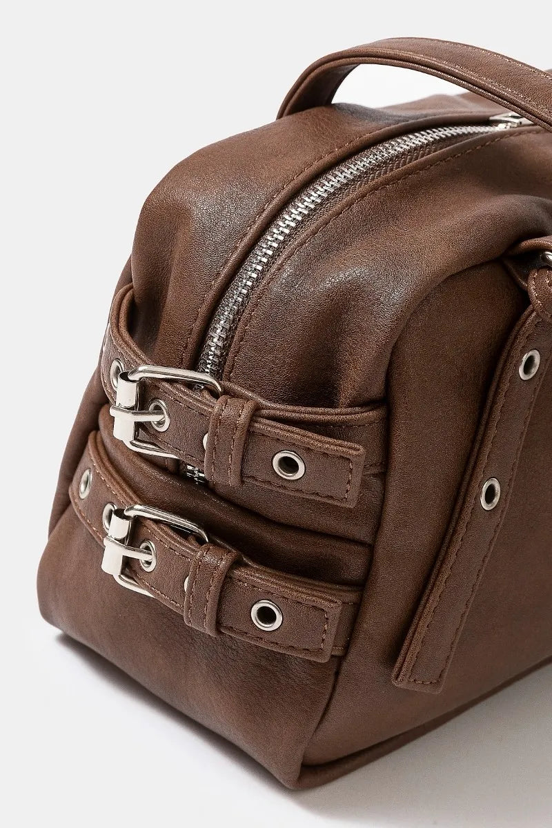 Fame Multi Grommet Belt Strap Rustic Rectangular Hand Bag OutfitFlow