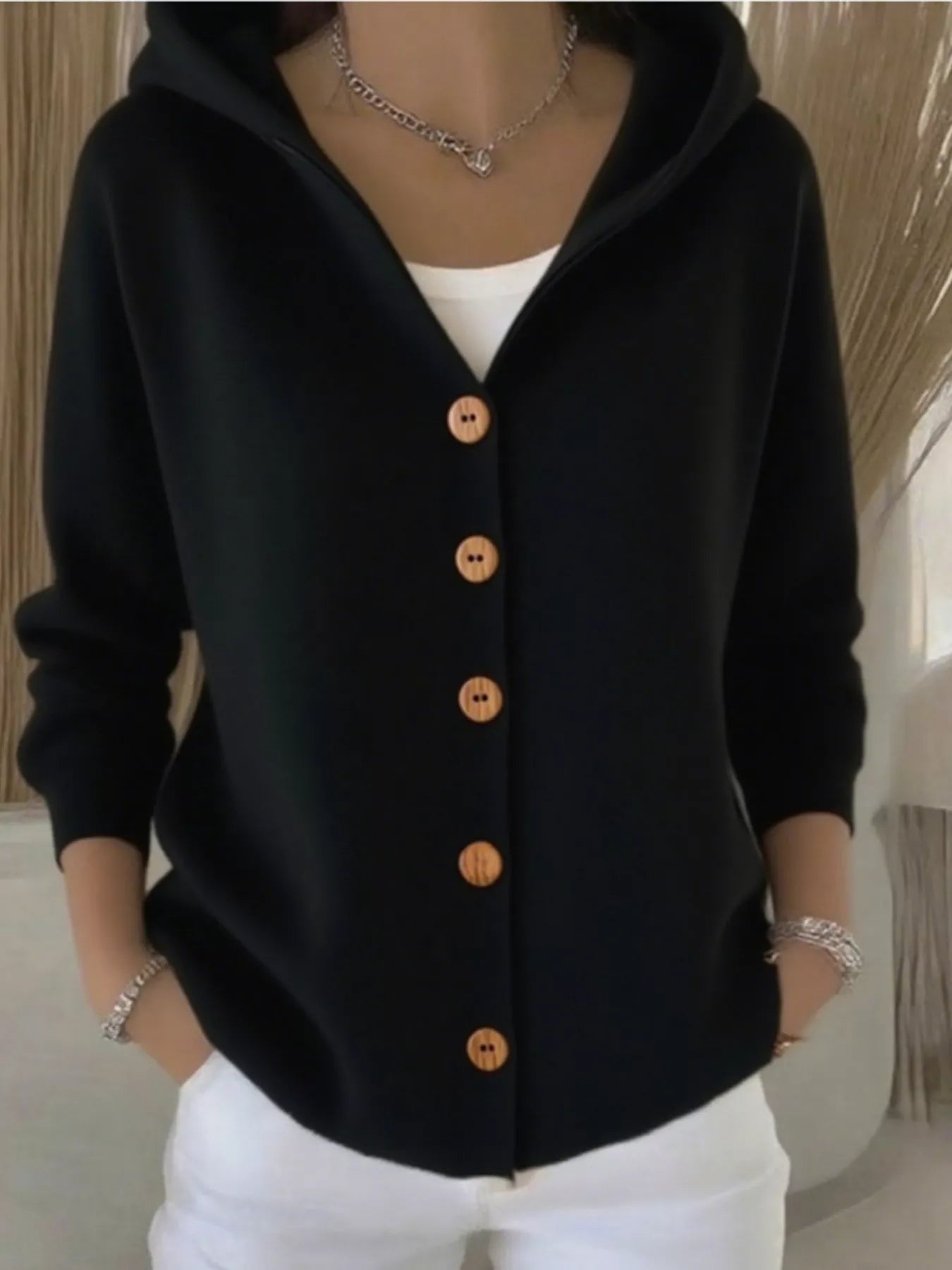 Full Size Hooded Button-Front Soft Knit Cardigan Plus Size Black OutfitFlow