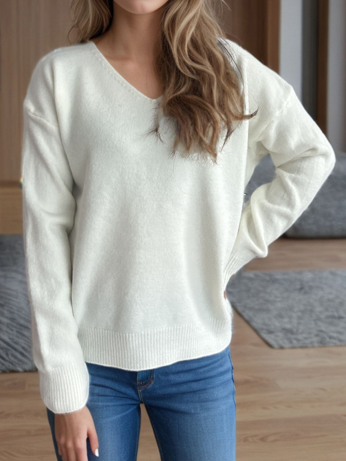 Outfit Flow - V-Neck Dropped Shoulder Long Sleeve Sweater