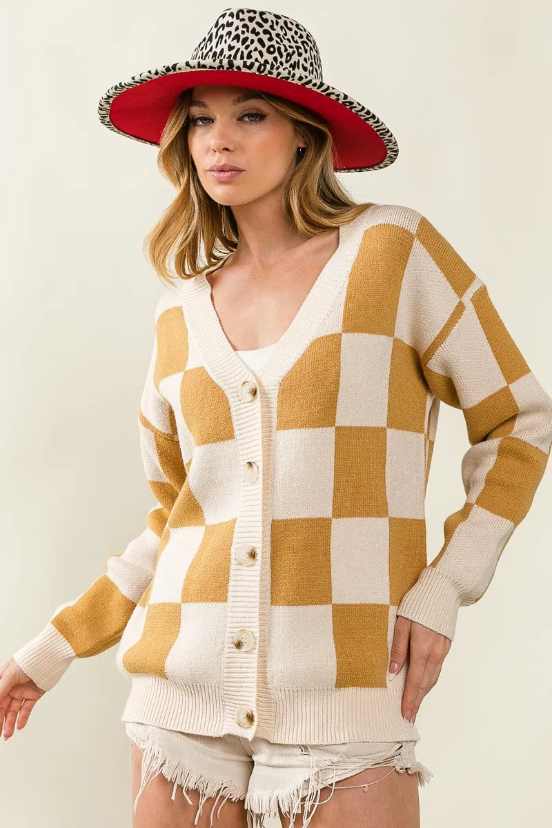 BiBi Checked V-neck Cardigan OutfitFlow