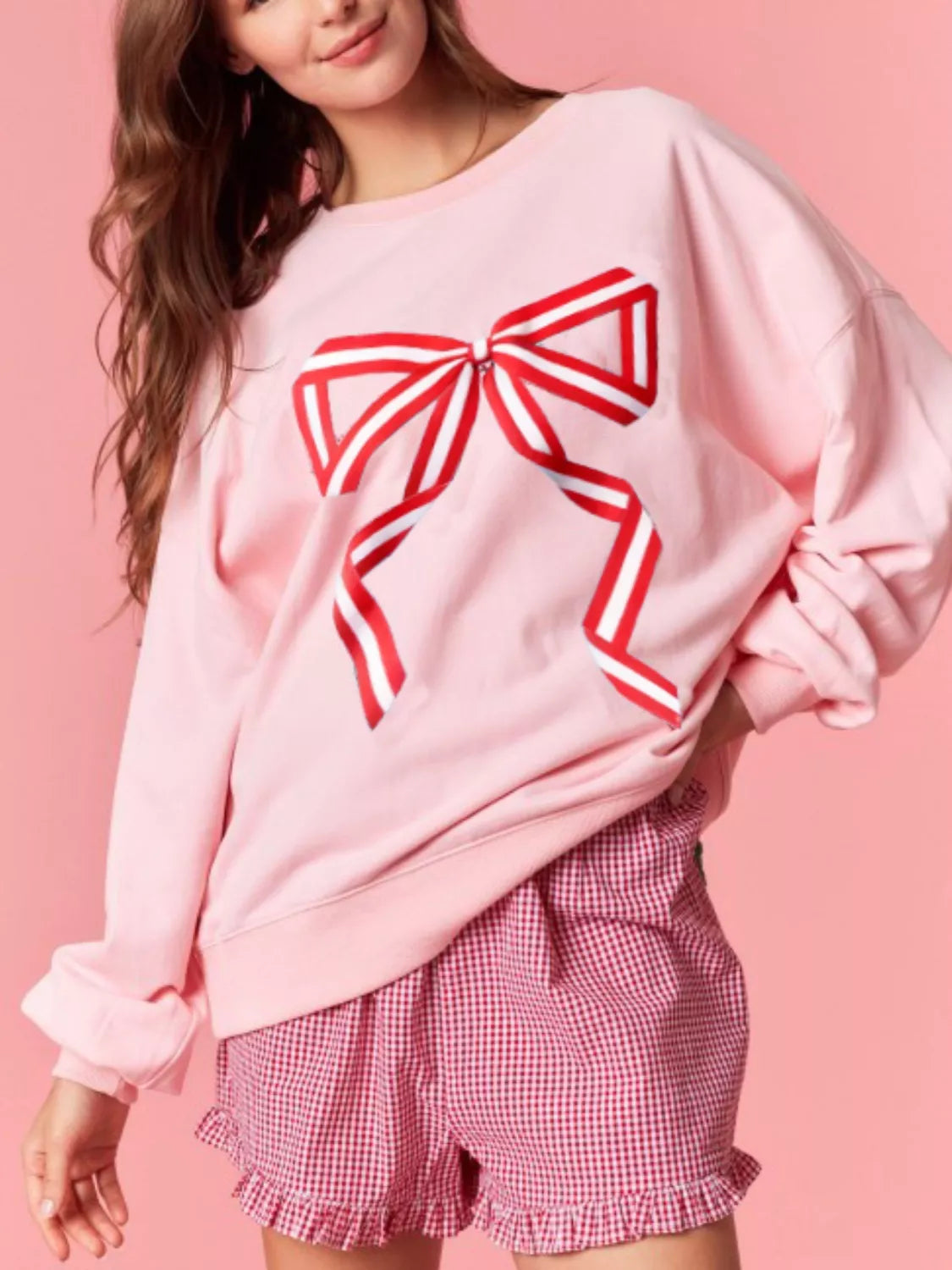 Bow Crew Neck Sweatshirt Pink White OutfitFlow