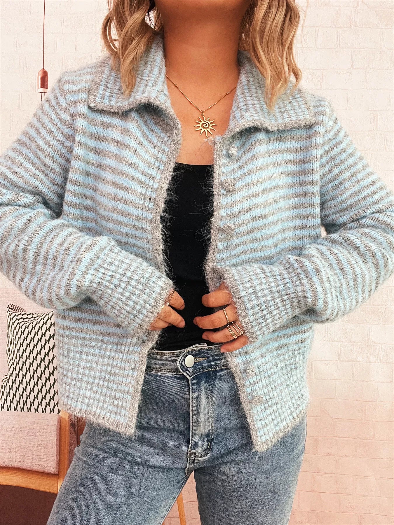 Striped Button-Up Long Sleeve Cardigan Blue One Size OutfitFlow