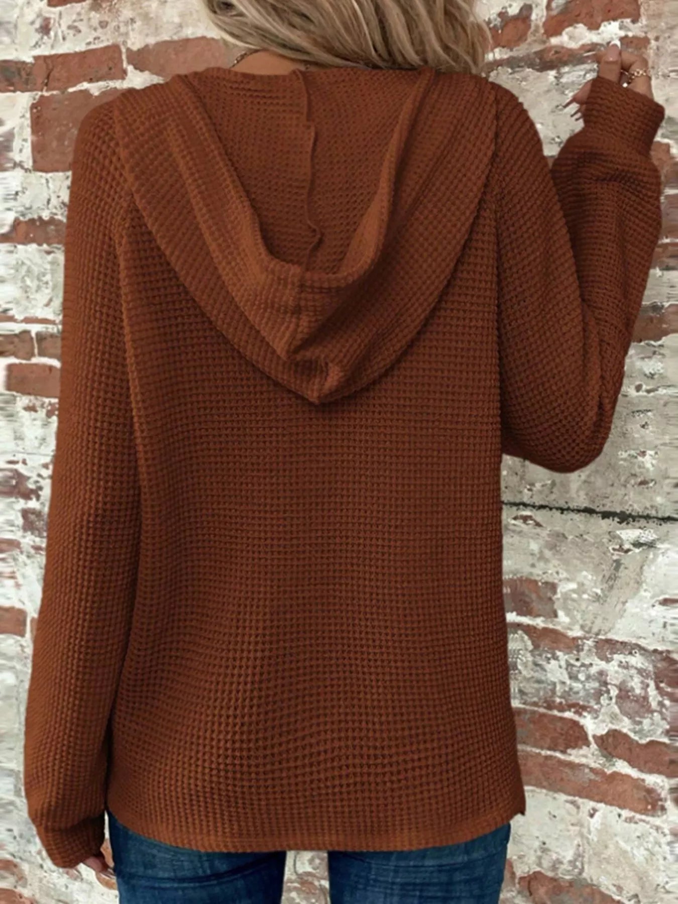 Casual Waffle Knit Button Detail Hoodie OutfitFlow