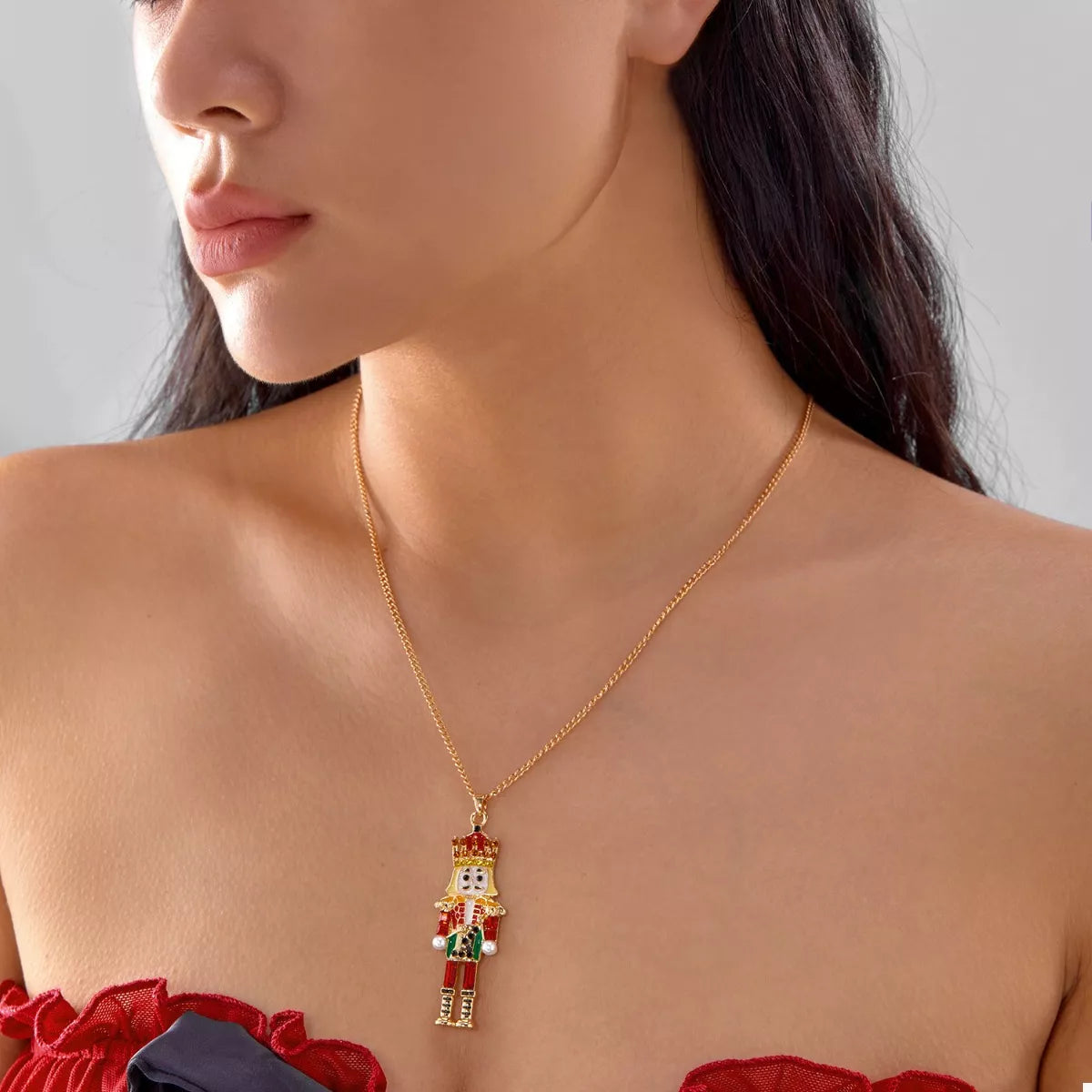 Christmas 18K Gold-Plated Nutcracker Pendant Necklace Red One Size OutfitFlow