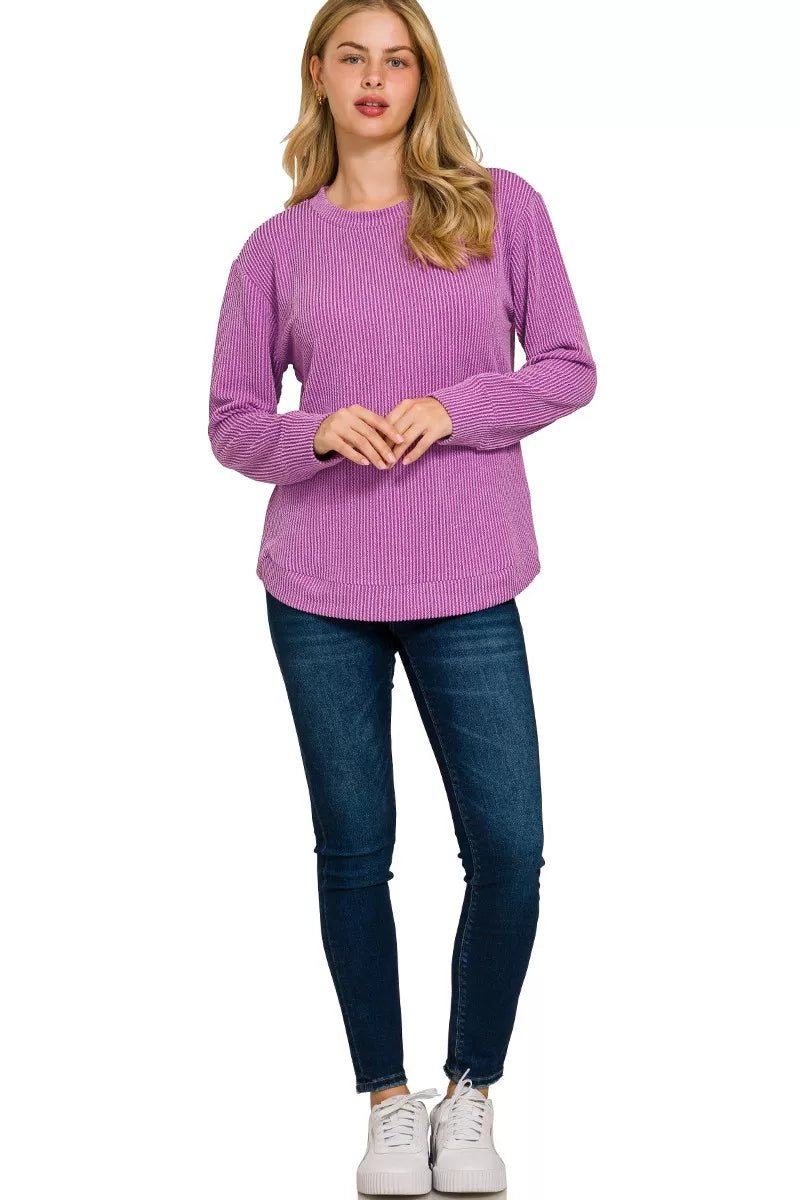 Zenana Full Size Raised Rib Round Neck Long Sleeve Top Plus Size OutfitFlow