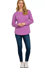 Zenana Full Size Raised Rib Round Neck Long Sleeve Top Plus Size OutfitFlow