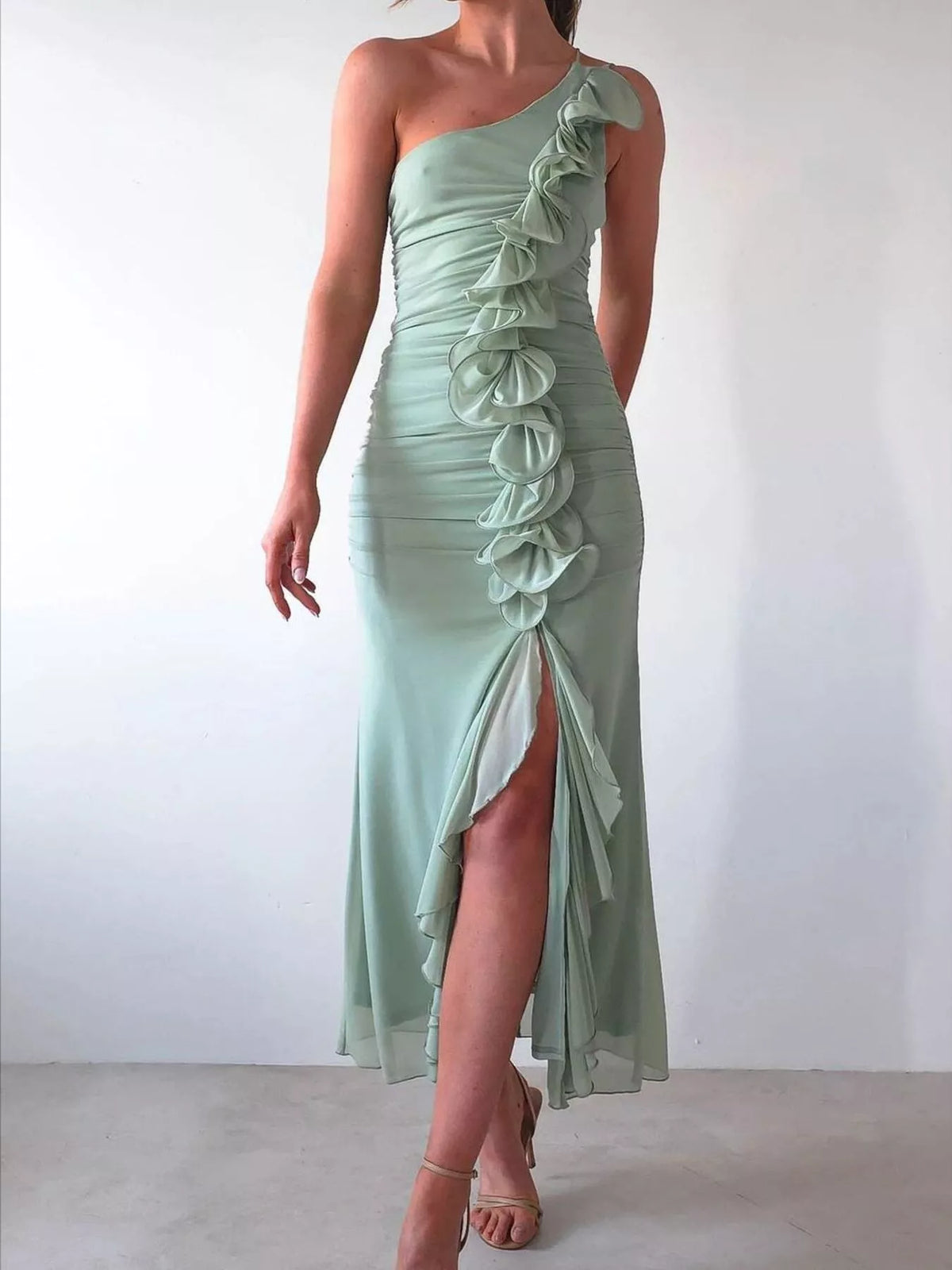 One-Shoulder Ruffle Slit Dress Light Green OutfitFlow