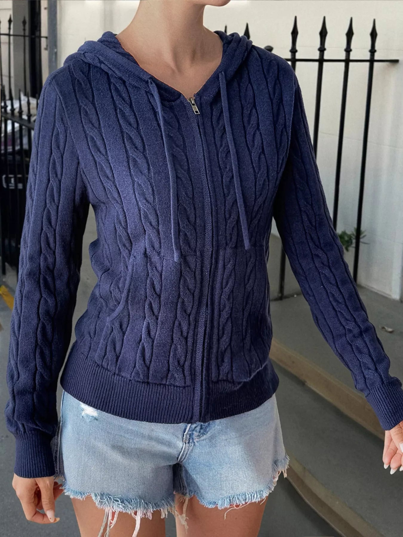 Cozy Cable-Knit Zip-Up Cardigan Navy OutfitFlow