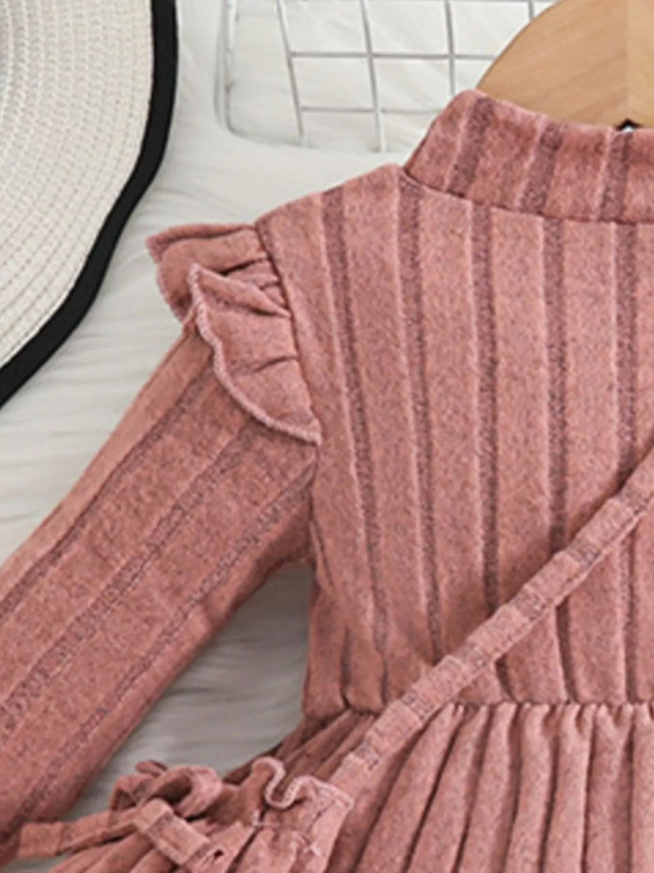 Children's Ribbed Knit Ruffle Trim Dress with Bag Trendsi