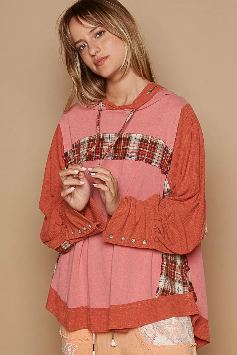 POL Oversized Drawstring Long Sleeve Hoodie with Plaid Detail Trendsi