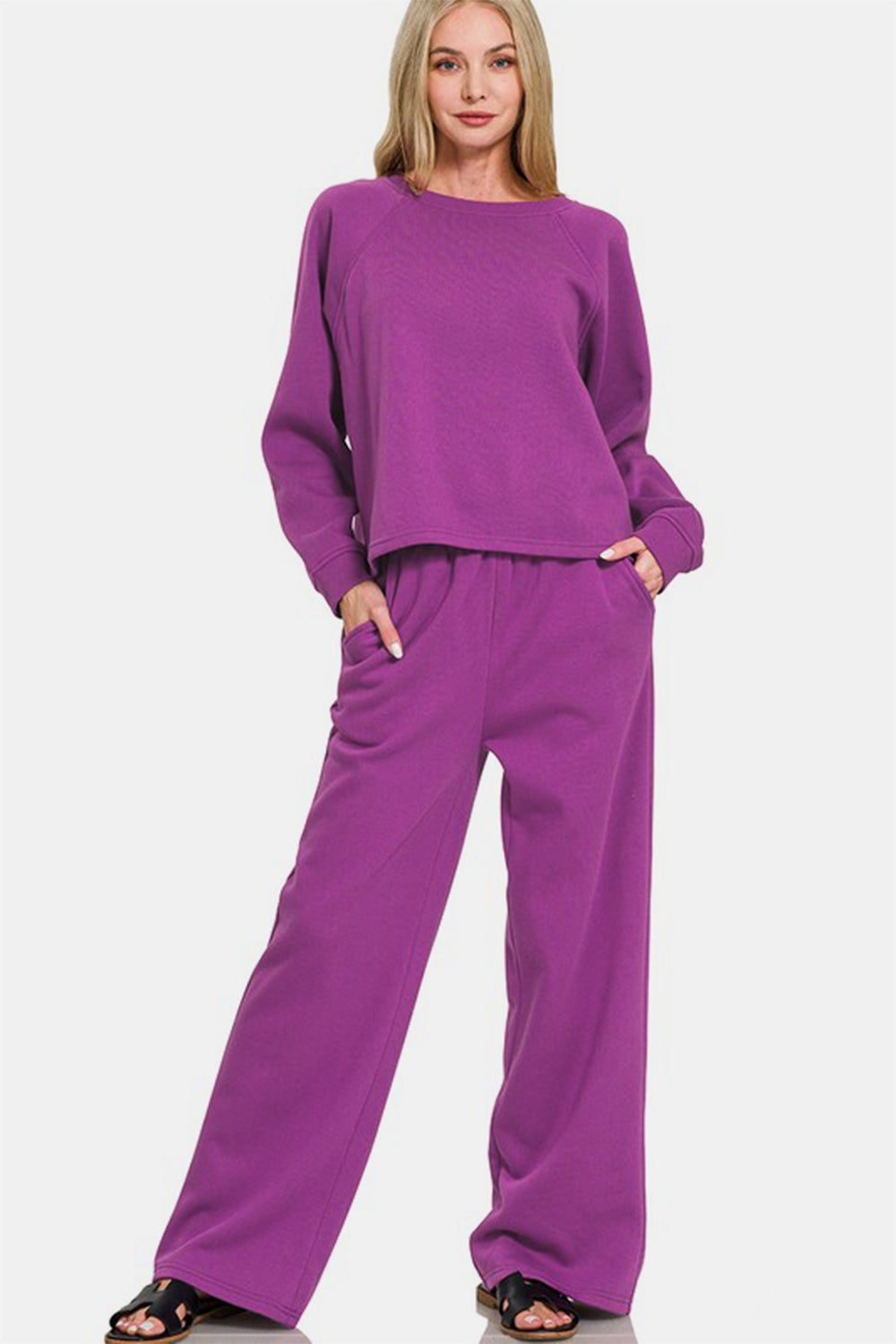 Zenana Round Neck Raglan Sleeve Top and Elastic Waist Pants Set