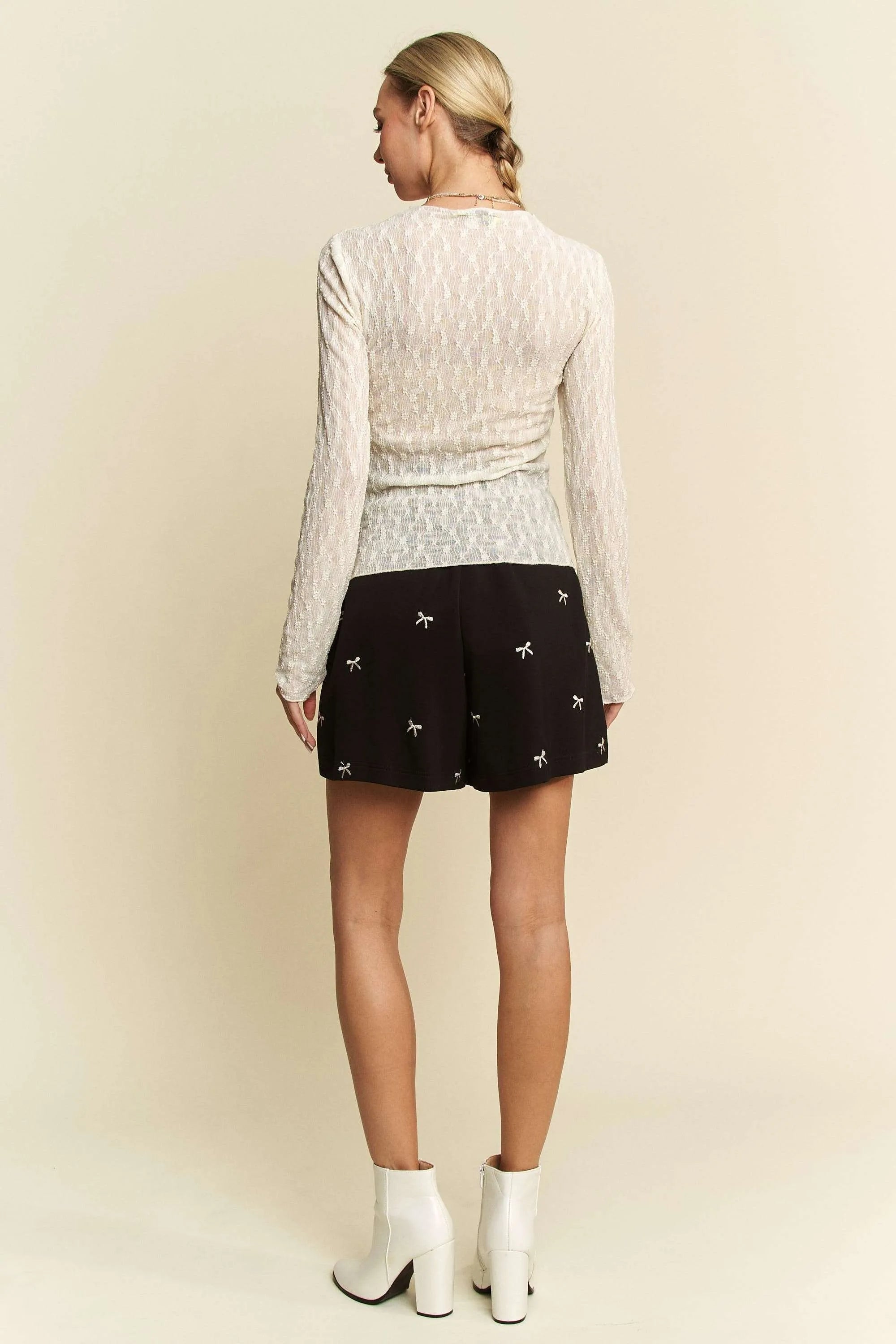 Davi & Dani Long Sleeve Sheer Small Embroidered Bows Lace Top OutfitFlow