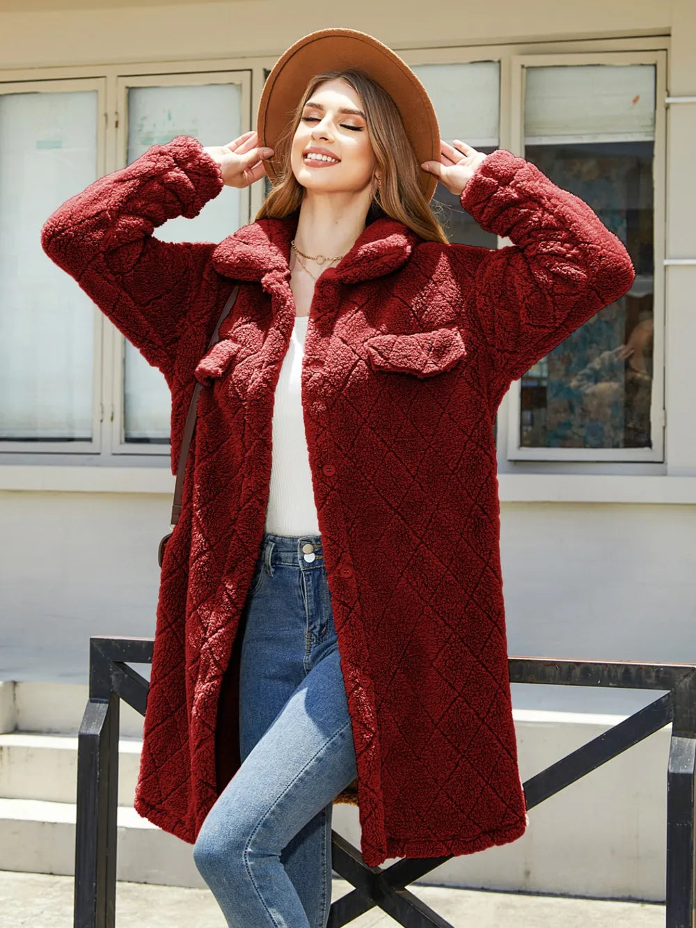 Texture Button Up Dropped Shoulder Coat Burgundy OutfitFlow