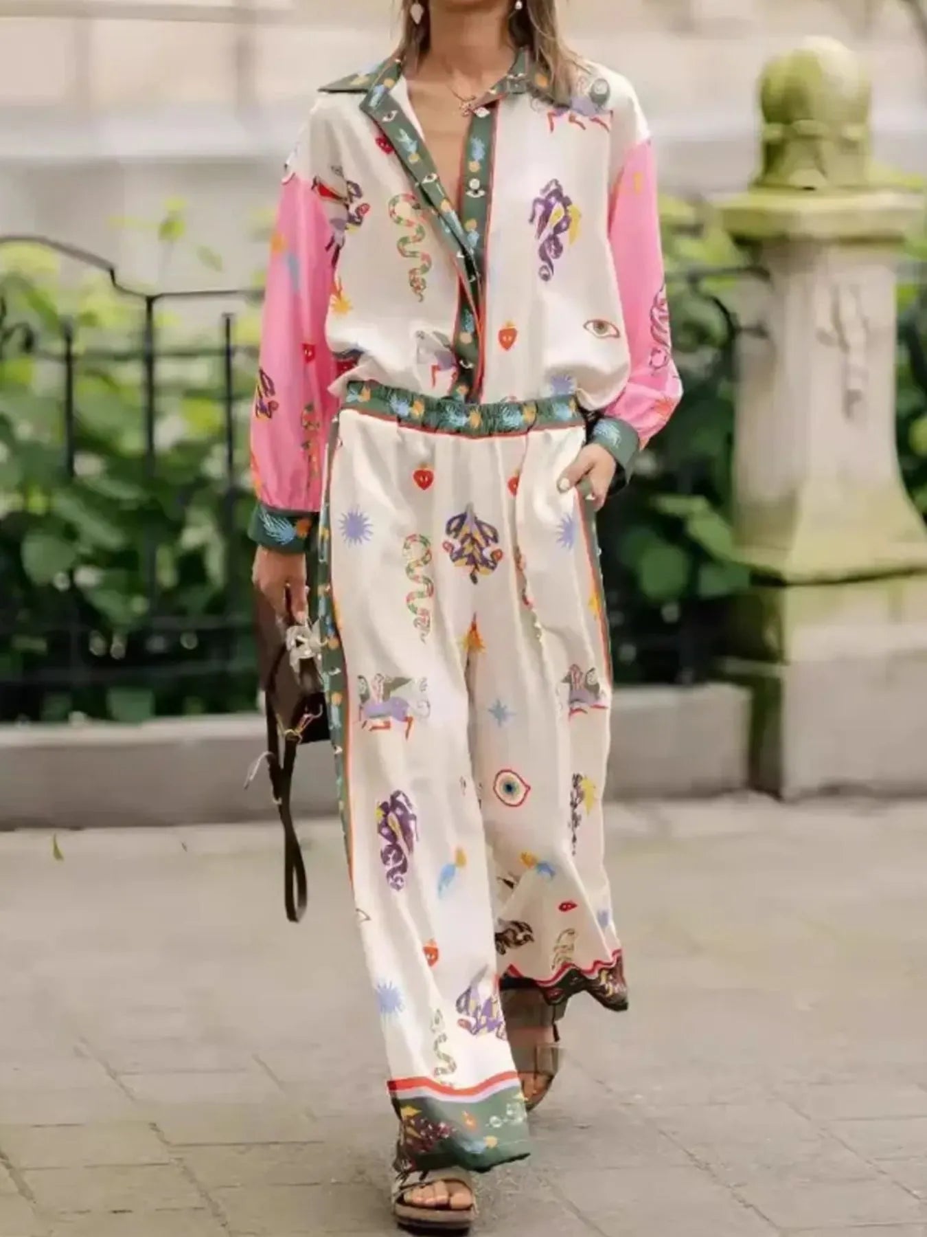 Printed Button Up Shirt and Pants Set OutfitFlow
