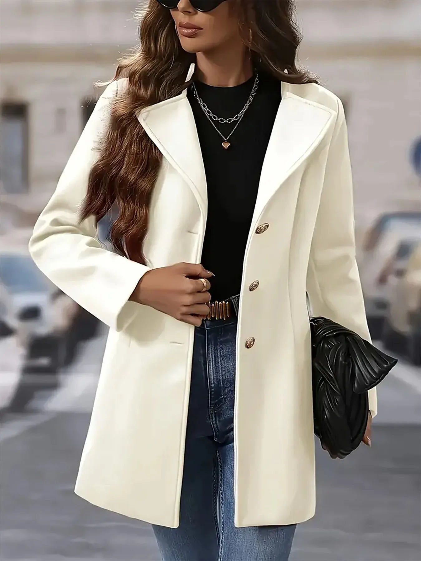 Single-Breasted Longline Blazer Coat Cream OutfitFlow
