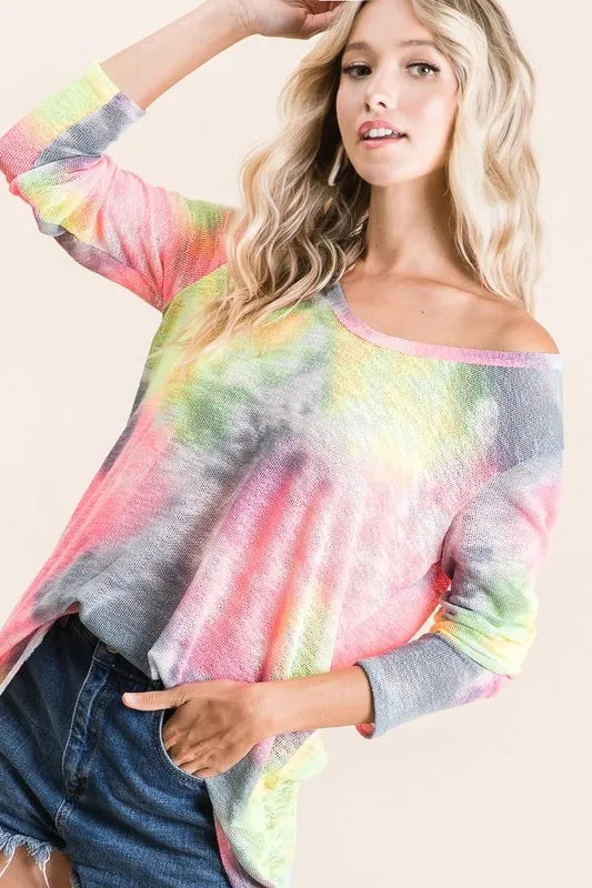 BiBi Tie Dye Print Low Gauge Knit Top OutfitFlow