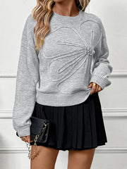 Flower Round Neck Long Sleeve Sweater OutfitFlow