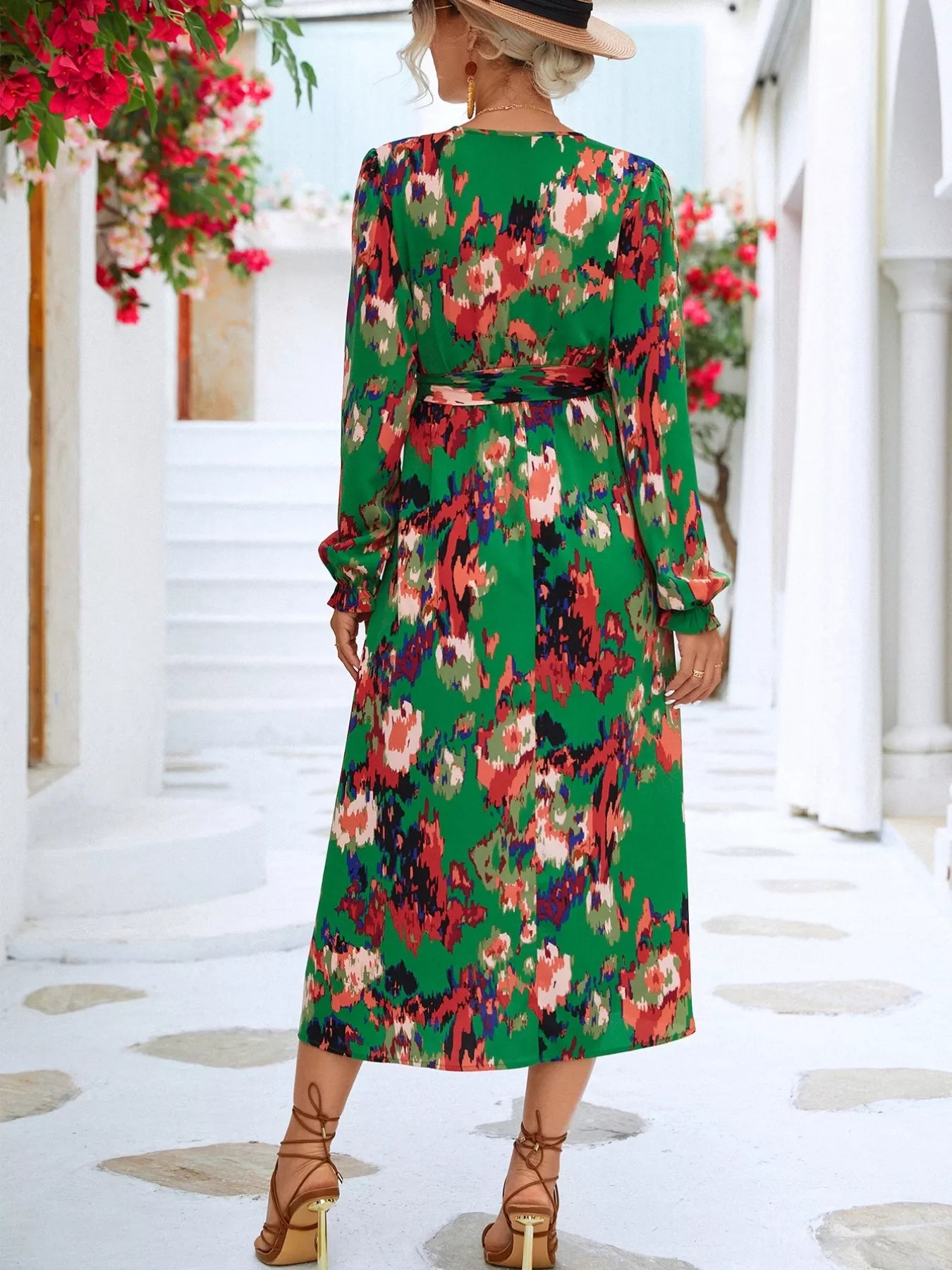 Printed Surplice Long Sleeve Midi Dress OutfitFlow