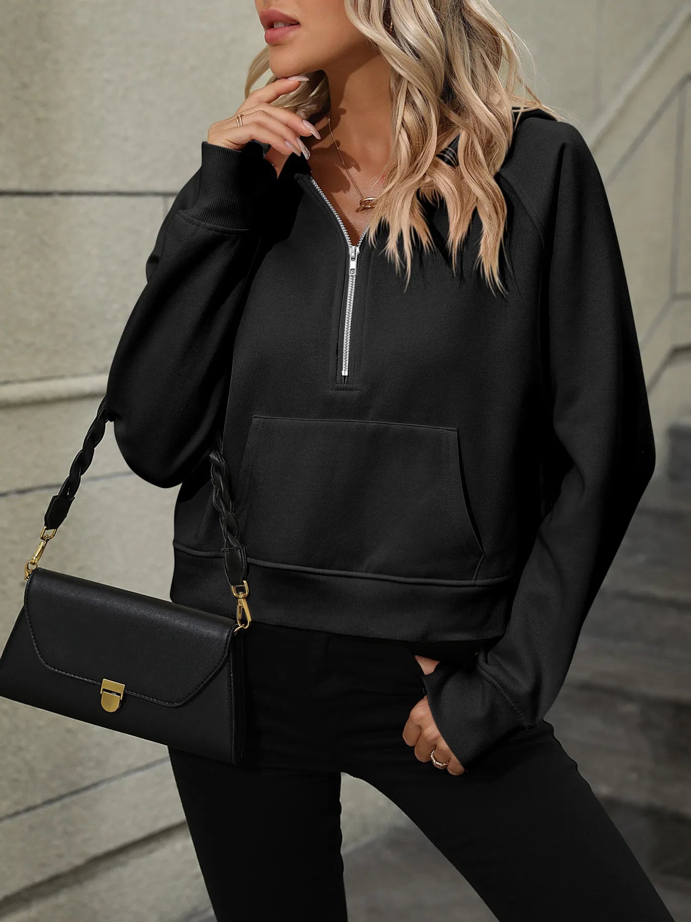 Half-Zip Hoodie with Kangaroo Pocket Black OutfitFlow