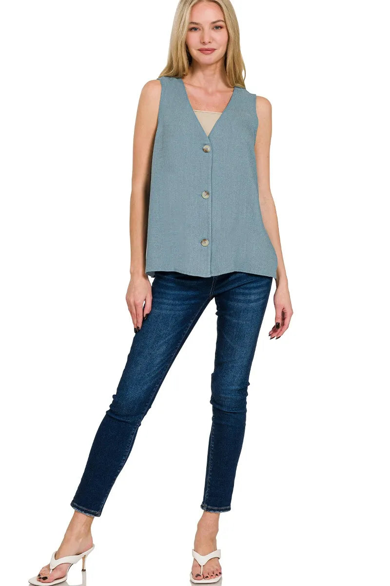 Zenana Side Slit Button-Front Vest OutfitFlow