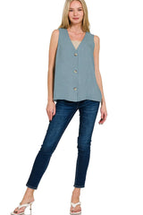 Zenana Side Slit Button-Front Vest OutfitFlow