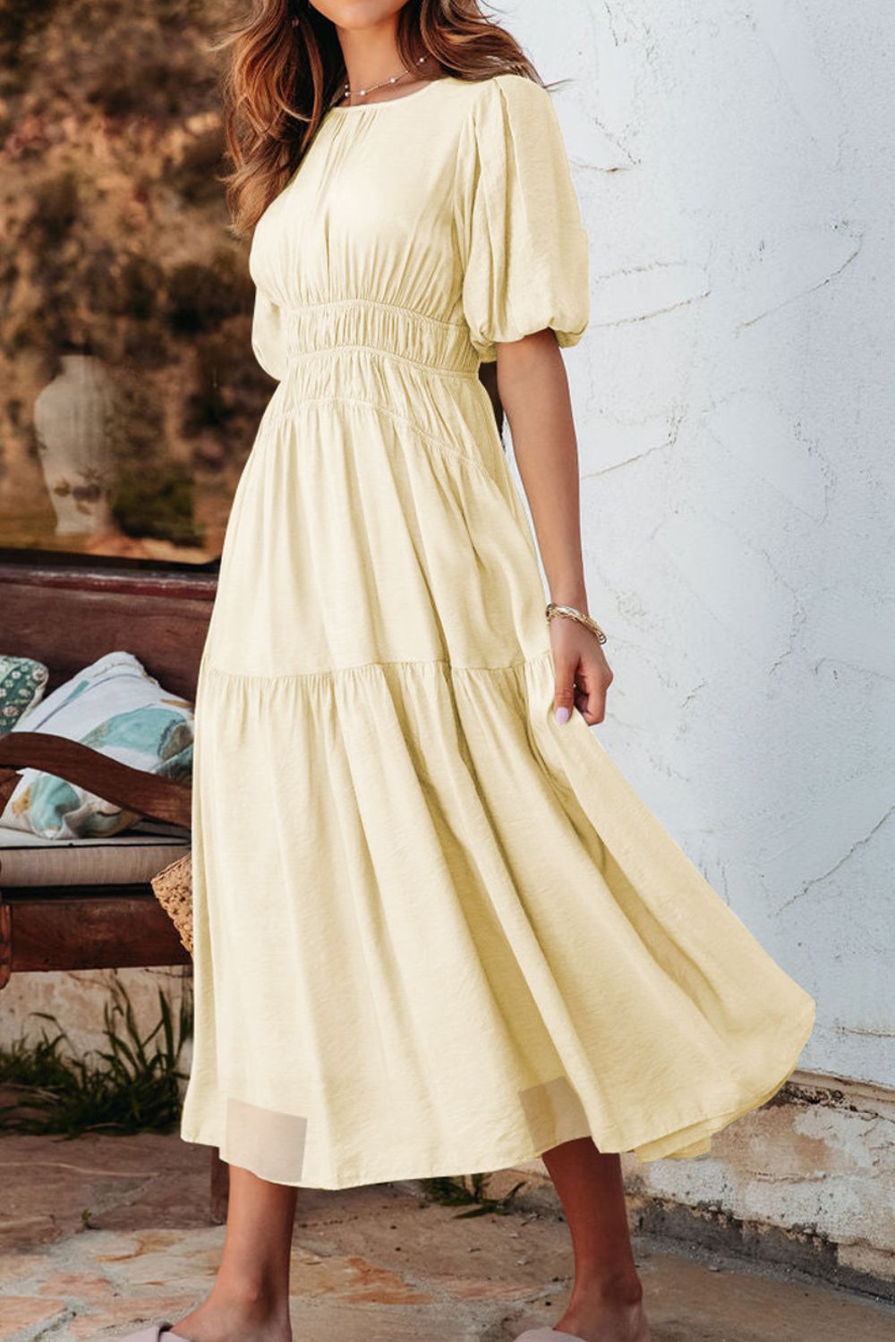 Puff Sleeve Pleated High Waist Flowy Midi Dress OutfitFlow